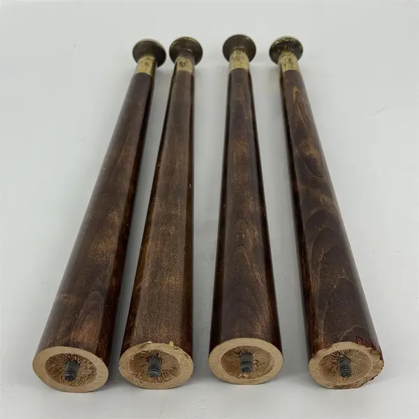 Lot of 4 Vintage Wood Screw In Table Legs Tapered Brass Tone Metal Tips 14.5"
