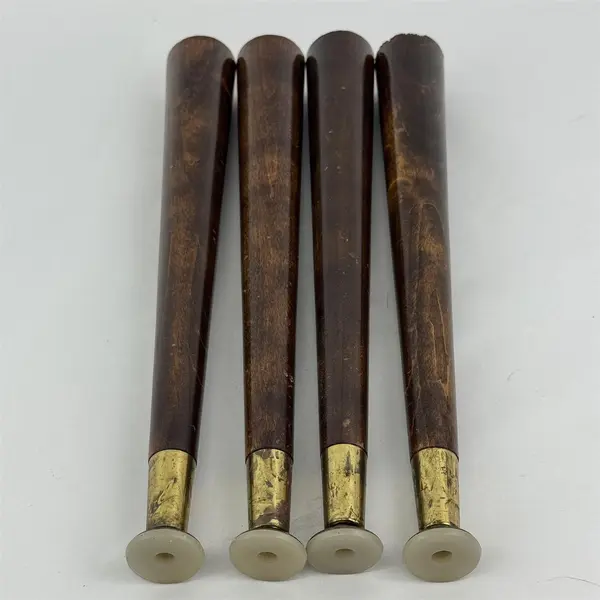 Lot of 4 Vintage Wood Screw In Table Legs Tapered Brass Tone Metal Tips 14.5"