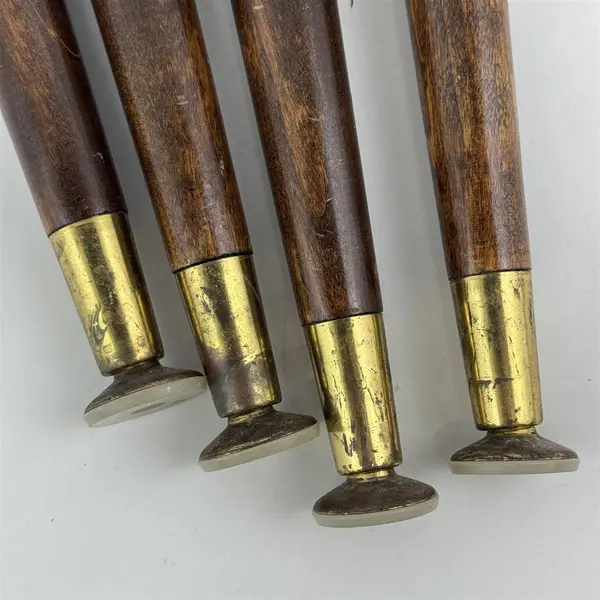 Lot of 4 Vintage Wood Screw In Table Legs Tapered Brass Tone Metal Tips 14.5"
