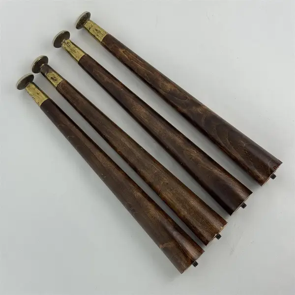 Lot of 4 Vintage Wood Screw In Table Legs Tapered Brass Tone Metal Tips 14.5"