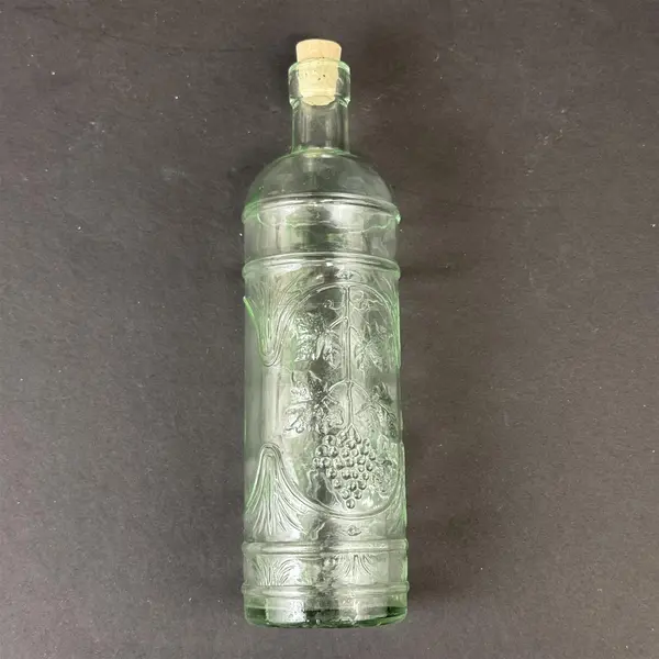 9.5" Green Tint Williams Sonoma Glass Bottle W Cork And Embossed Grapes Spain