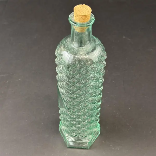 Hexagon Hand Blown Aqua Tint Bottle W/ Embossed Diamond Pattern & Cork Stopper