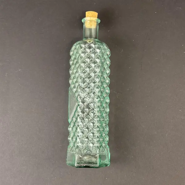 Hexagon Hand Blown Aqua Tint Bottle W/ Embossed Diamond Pattern & Cork Stopper