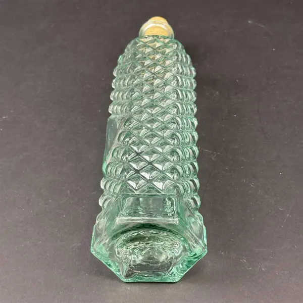 Hexagon Hand Blown Aqua Tint Bottle W/ Embossed Diamond Pattern & Cork Stopper