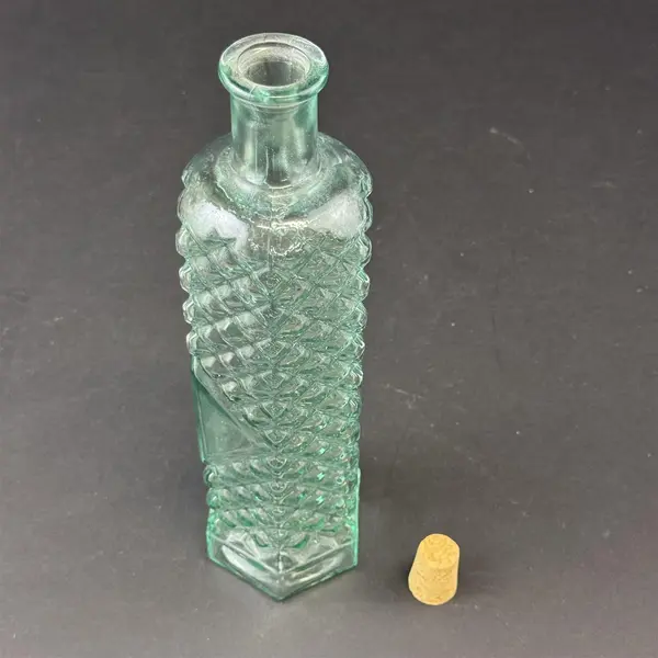 Hexagon Hand Blown Aqua Tint Bottle W/ Embossed Diamond Pattern & Cork Stopper