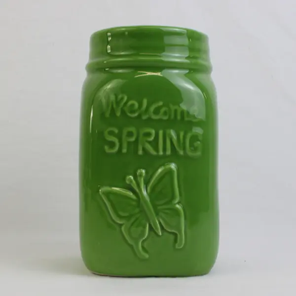 Cute Green Welcome Spring Ceramic Mason Jar  Décor 6.5" Tall No Lid