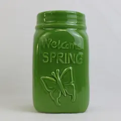 Cute Green Welcome Spring Ceramic Mason Jar  Décor 6.5" Tall No Lid