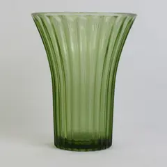 Avocado Green Glass Flower Vase Ribbed With Flared Rim
