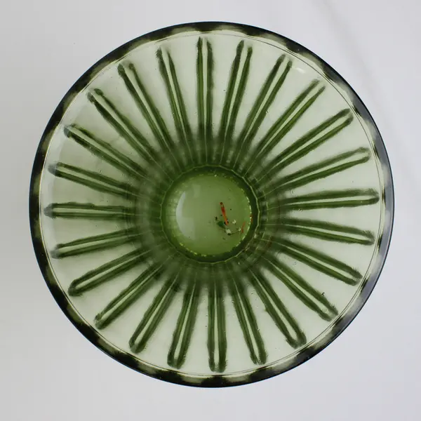 Avocado Green Glass Flower Vase Ribbed With Flared Rim