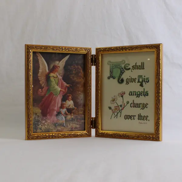 Ornate Gold Metal Double 5" x 7" Hinged Photo Frame, Religious insert, 1996