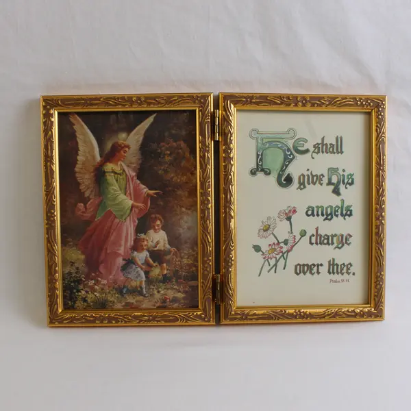 Ornate Gold Metal Double 5" x 7" Hinged Photo Frame, Religious insert, 1996