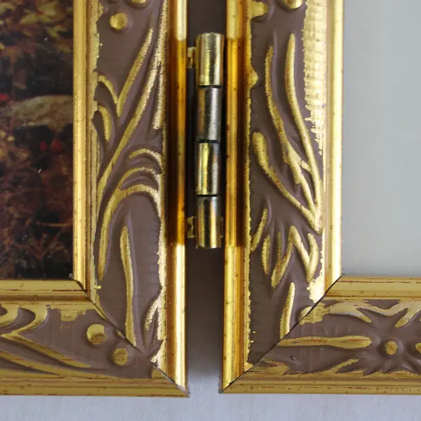 Ornate Gold Metal Double 5" x 7" Hinged Photo Frame, Religious insert, 1996