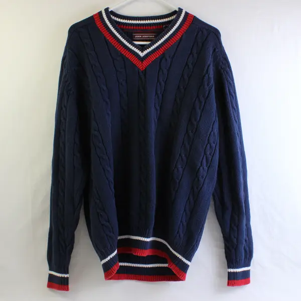 John Ashford Blue Red and White V-Neck Cable Knit Sweater Men's Large