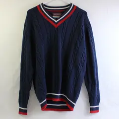 John Ashford Blue Red and White V-Neck Cable Knit Sweater Men's Large