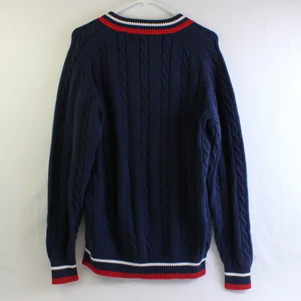 John Ashford Blue Red and White V-Neck Cable Knit Sweater Men's Large
