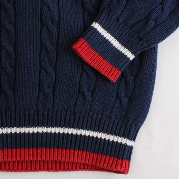 John Ashford Blue Red and White V-Neck Cable Knit Sweater Men's Large