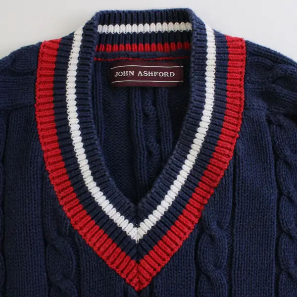 John Ashford Blue Red and White V-Neck Cable Knit Sweater Men's Large