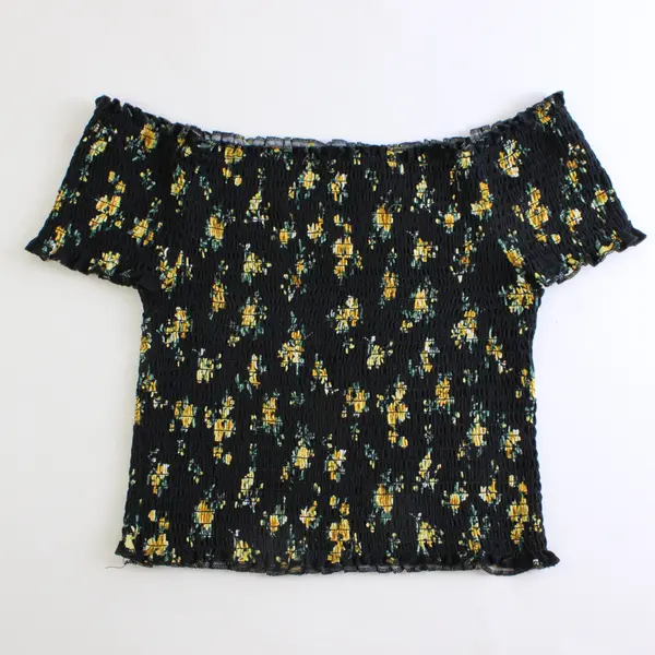 Justify Black With Yellow Floral Smocked Short Sleeve Crop Top Women's L