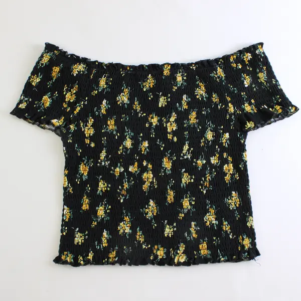 Justify Black With Yellow Floral Smocked Short Sleeve Crop Top Women's L
