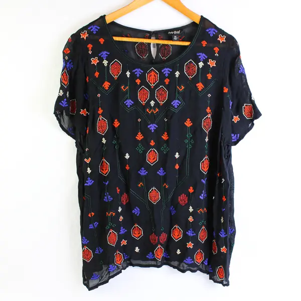 Lucky Brand Boho Embroidered Black Mesh Top Women's 3X FLAWED