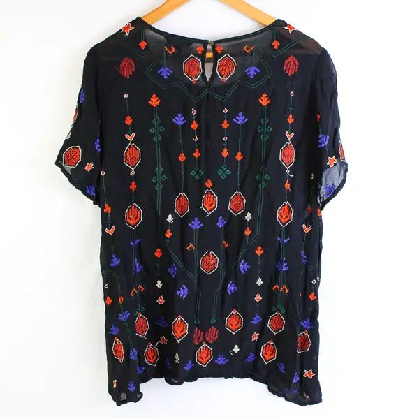 Lucky Brand Boho Embroidered Black Mesh Top Women's 3X FLAWED