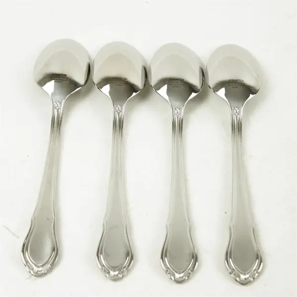 Set of 4 Hampton Silversmiths Lauren Frosted Stainless Place/Oval Soup Spoons