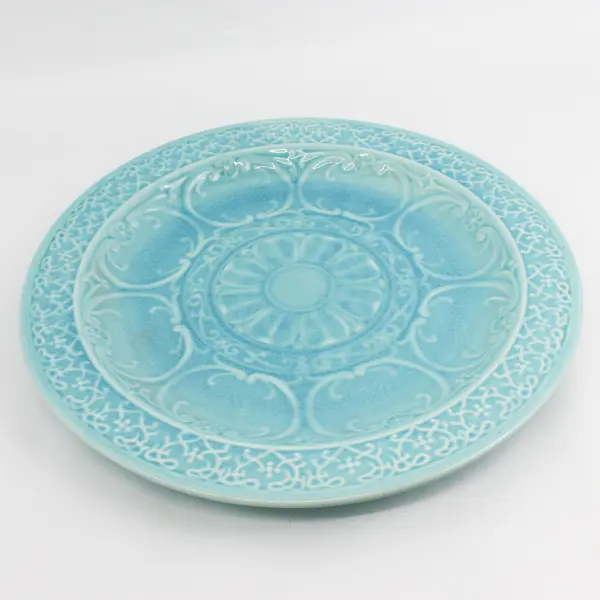 Home Embossed Zazen Crackled Stoneware Serving Platter 17" Teal Turquoise