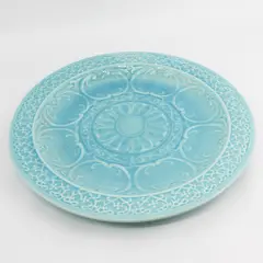 Home Embossed Zazen Crackled Stoneware Serving Platter 17" Teal Turquoise