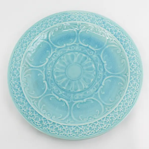 Home Embossed Zazen Crackled Stoneware Serving Platter 17" Teal Turquoise