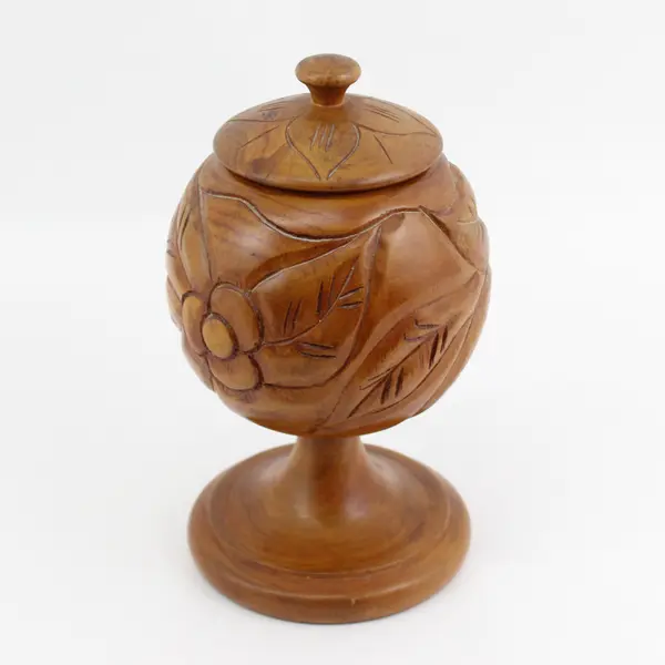 Large Turned Carved Wood Lidded Jar Urn Floral Pattern 11"