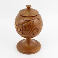 Large Turned Carved Wood Lidded Jar Urn Floral Pattern 11"