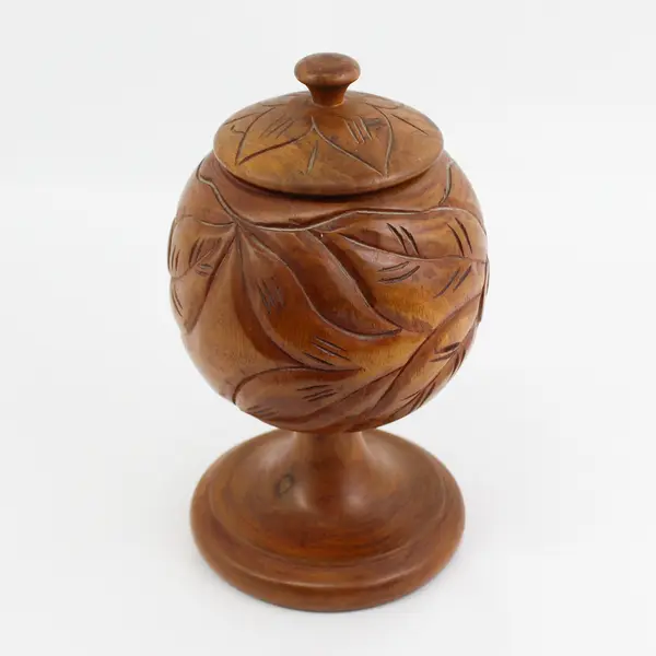 Large Turned Carved Wood Lidded Jar Urn Floral Pattern 11"