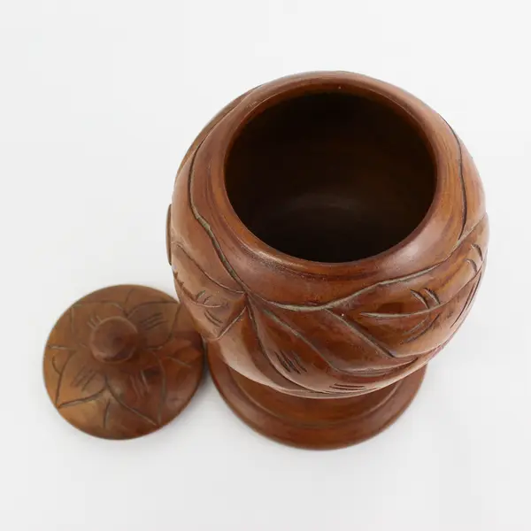 Large Turned Carved Wood Lidded Jar Urn Floral Pattern 11"