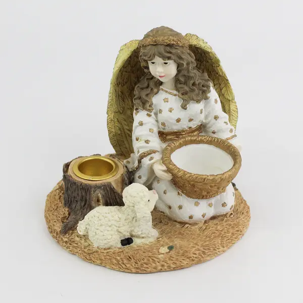 Resin Angel And Sheep Taper Candle Holder With Trinket Dish