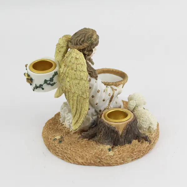 Resin Angel And Sheep Taper Candle Holder With Trinket Dish