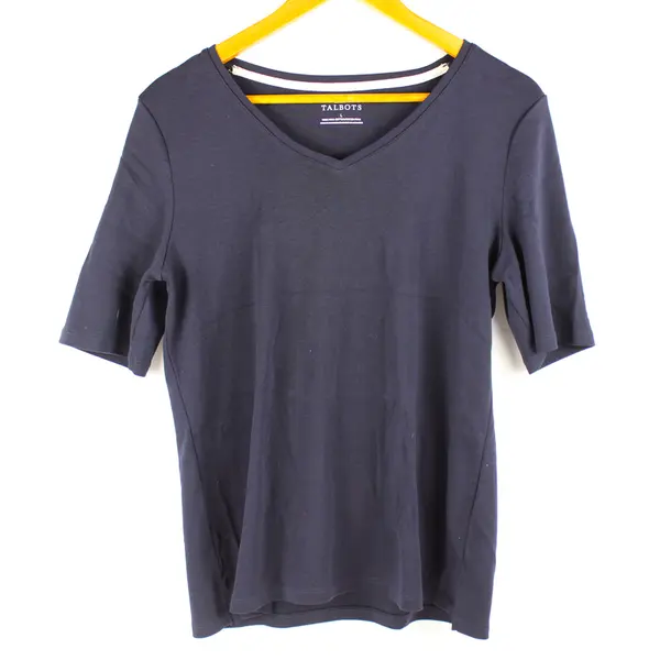 Talbots Solid Blue Color Short Sleeve Tee-Shirt V-Neck Women's Size L
