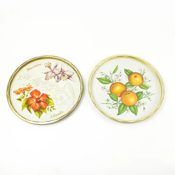 Lot of 2 Vintage Metal Trays Oranges & Flowers Hawaiian Islands