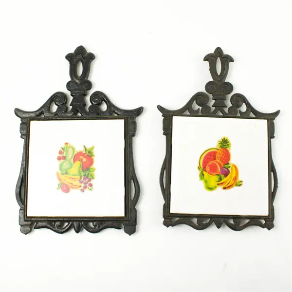 Lot of 2 Dal-Tile Fruit Motif Trivets with Black Metal Frames