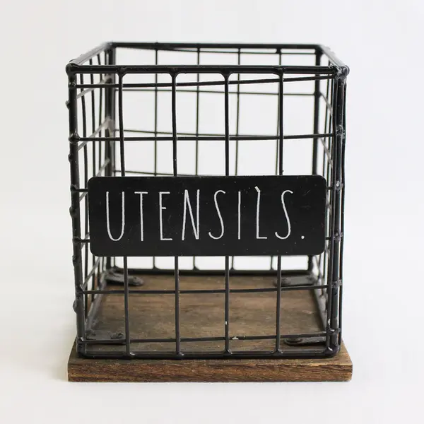 Rae Dunn Square Wire & Wood Utensil Holder Farmhouse Kitchen Organizer