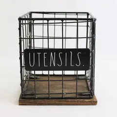 Rae Dunn Square Wire & Wood Utensil Holder Farmhouse Kitchen Organizer