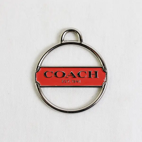 Coach Silver Metal Round Logo Disc Orange Bag Charm Key Ring