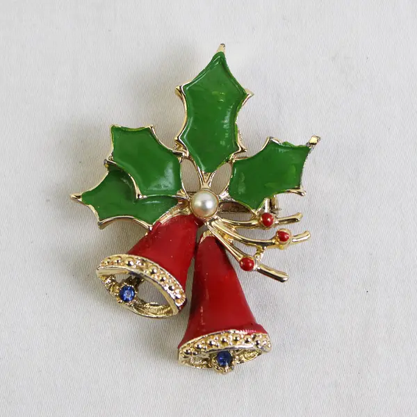 Gold Tone Bells Christmas Holly Pin Brooch Red & Green Enamel Holiday Brooch