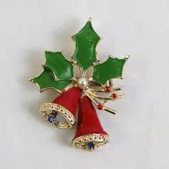 Gold Tone Bells Christmas Holly Pin Brooch Red & Green Enamel Holiday Brooch