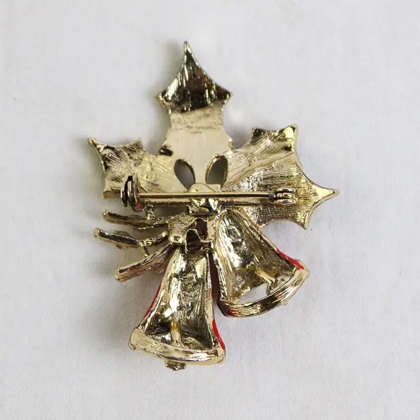 Gold Tone Bells Christmas Holly Pin Brooch Red & Green Enamel Holiday Brooch