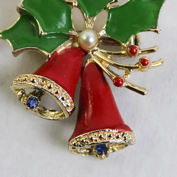 Gold Tone Bells Christmas Holly Pin Brooch Red & Green Enamel Holiday Brooch