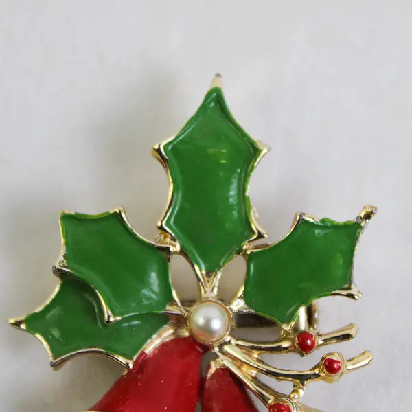 Gold Tone Bells Christmas Holly Pin Brooch Red & Green Enamel Holiday Brooch
