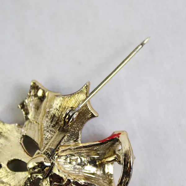 Gold Tone Bells Christmas Holly Pin Brooch Red & Green Enamel Holiday Brooch