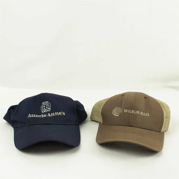 Lot of 2 Adjustable Baseball Caps Brown W/Wilbur Ellis & Blue Auntie Anne's