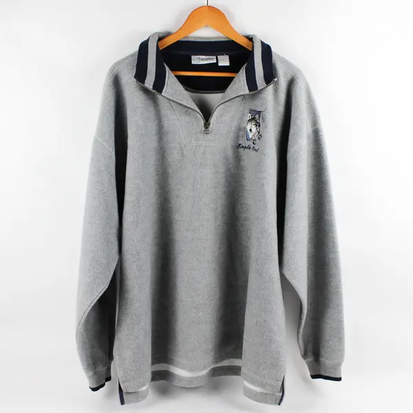 Vintage Artisans Men's XL Gray/Navy Eagle Crest Wolf Graphic 1/4 Zip Sweater