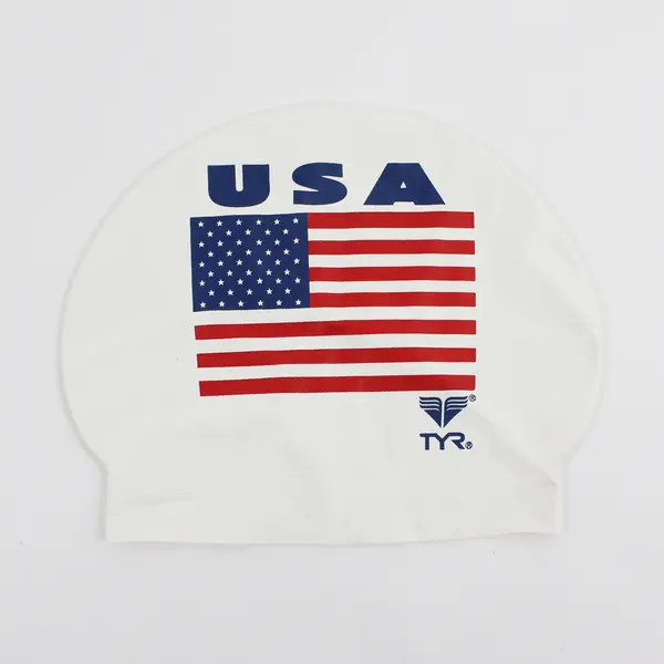 TYR Silicone Swim Cap White w/USA American Flag Design